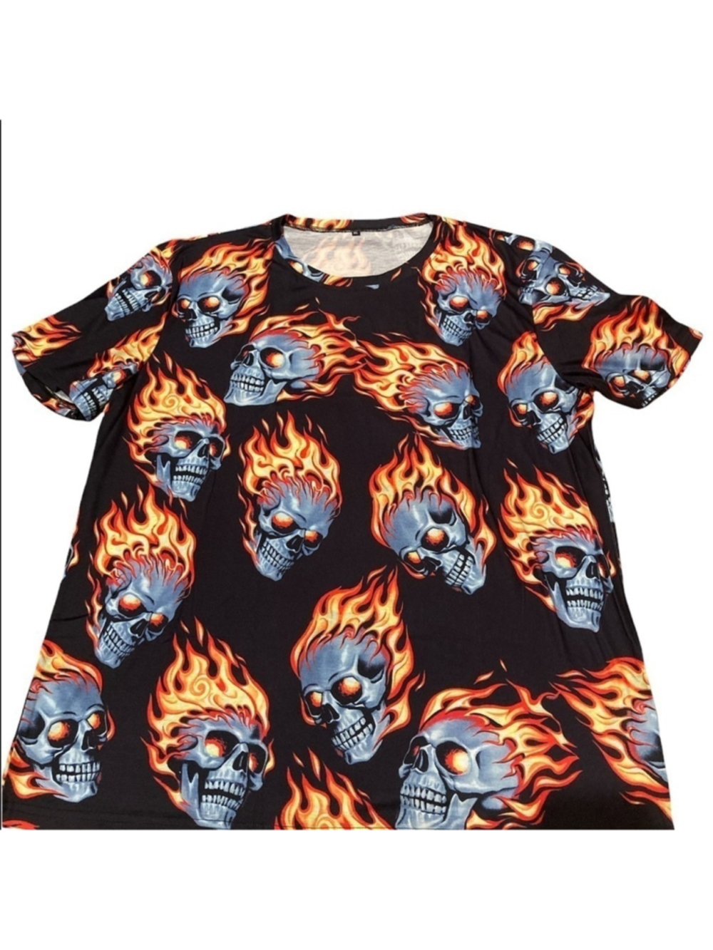 Amazon mens black tee shirt with flaming skulls
